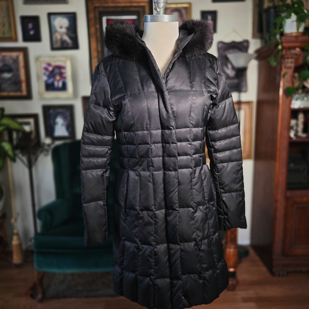 1 Madison Puffer Jacket Black Down Coat Real Fox Fur Hood Luxe Outerwear Small